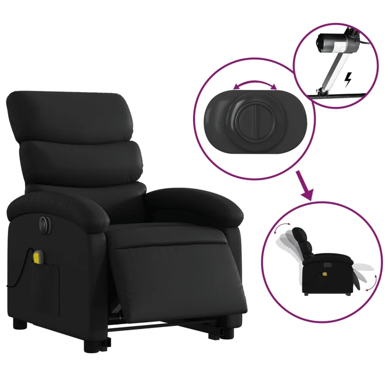 Fauteuil de relaxation fonction massage et inclinable fonction de levage électrique en PVC noir DEC027804