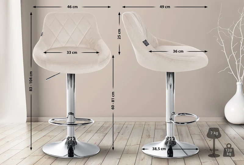 Tabouret de bar en velours crème coutures décoratives pivotant support métal chromé TDB10675