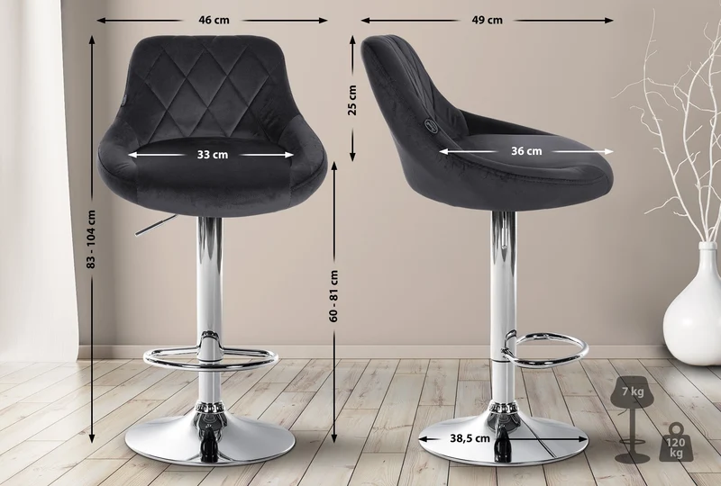 Tabouret de bar en velours gris foncé coutures décoratives pivotant support métal chromé TDB10671