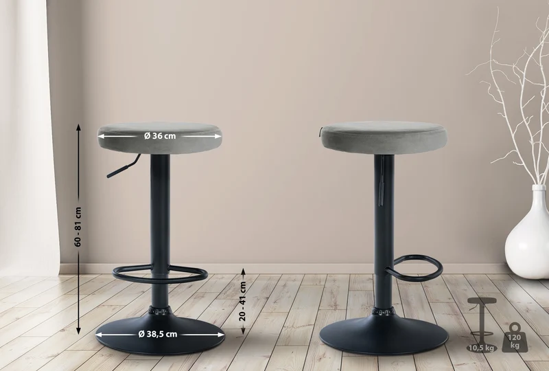 Tabouret de bar x1 design simple hauteur réglable revêtement en velours gris pieds en métal noir 10_0005353
