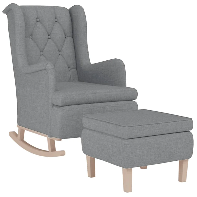 Fauteuil lounge design moderne avec pieds à bascule et tabouret gris clair tissu gris DEC026828
