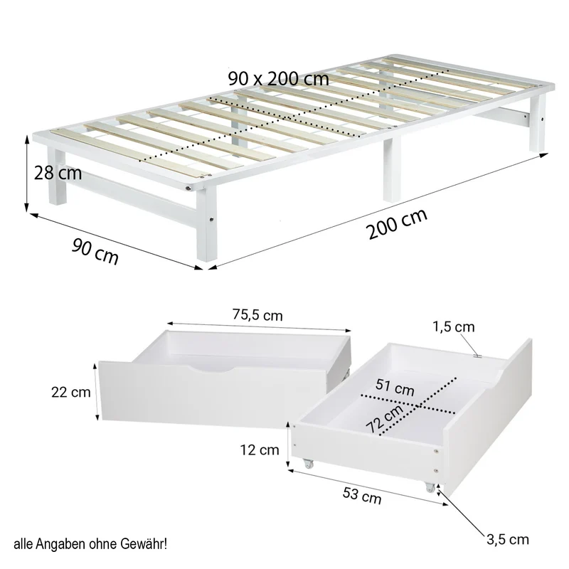 Lit palette en bois massif blanc 90x200 cm avec tiroirs de rangement et sommier à lattes LIT06219