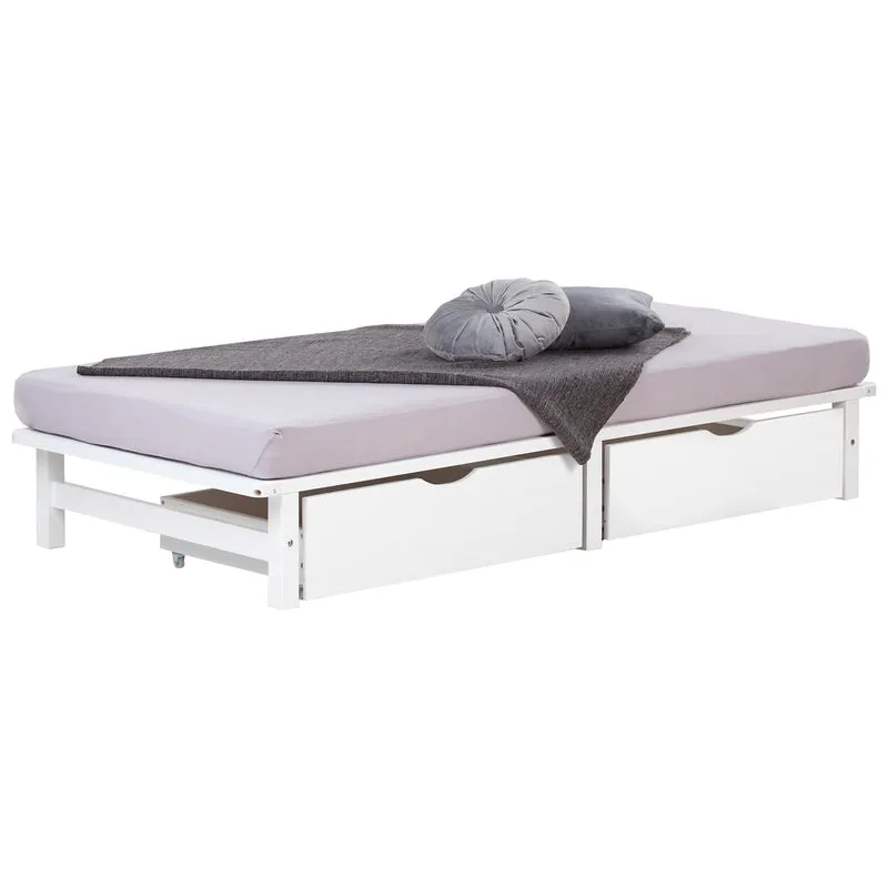 Lit palette en bois massif blanc 90x200 cm avec tiroirs de rangement et sommier à lattes LIT06219