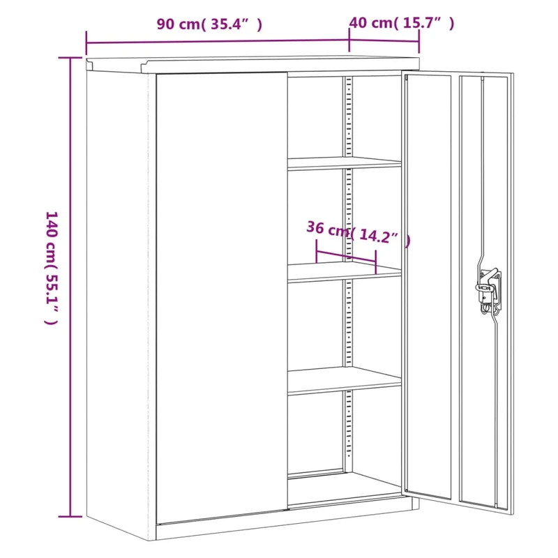 Meuble de bureau armoire de rangement avec 2 portes et 3 étagères réglables 90 x 40 x 140 cm en acier gris DEC024456