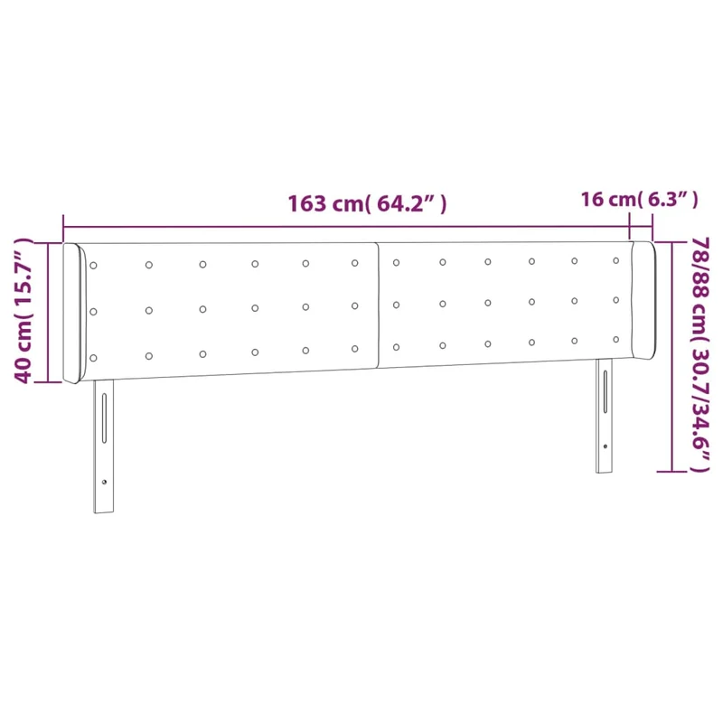 Tête de lit accessoire couchage chambre à coucher meuble capitonné avec rebord latéral 163 x 16 x 78/88 cm tissu velours gris clair TDL0205224