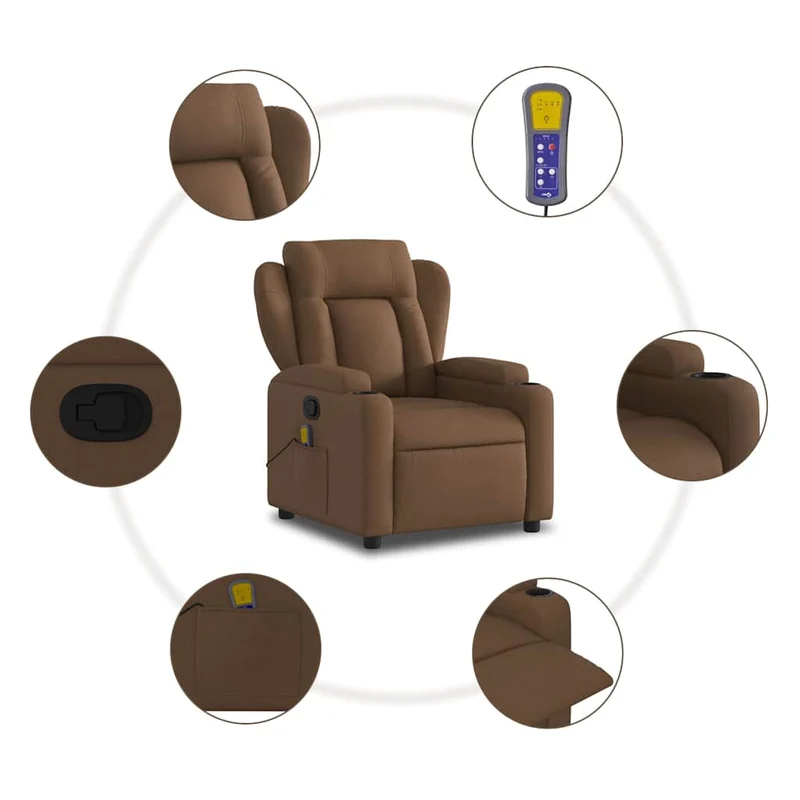 Fauteuil de relaxation TV fonction massage inclinable 6 points de massage en tissu marron foncé DEC026986