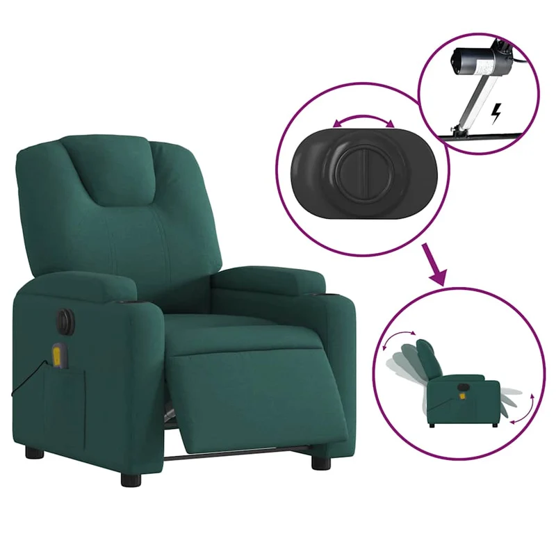 Fauteuil de relaxation TV fonction massage inclinable électrique 6 points de massage en tissu vert foncé DEC027279
