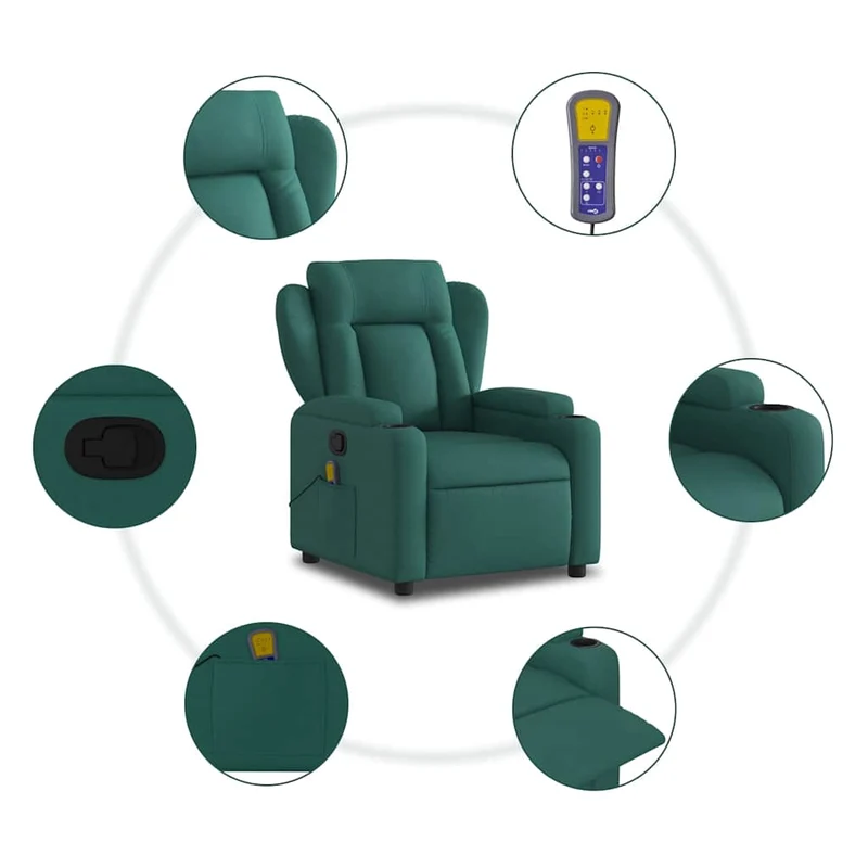 Fauteuil de relaxation TV fonction massage inclinable 6 points de massage en tissu vert foncé DEC027120