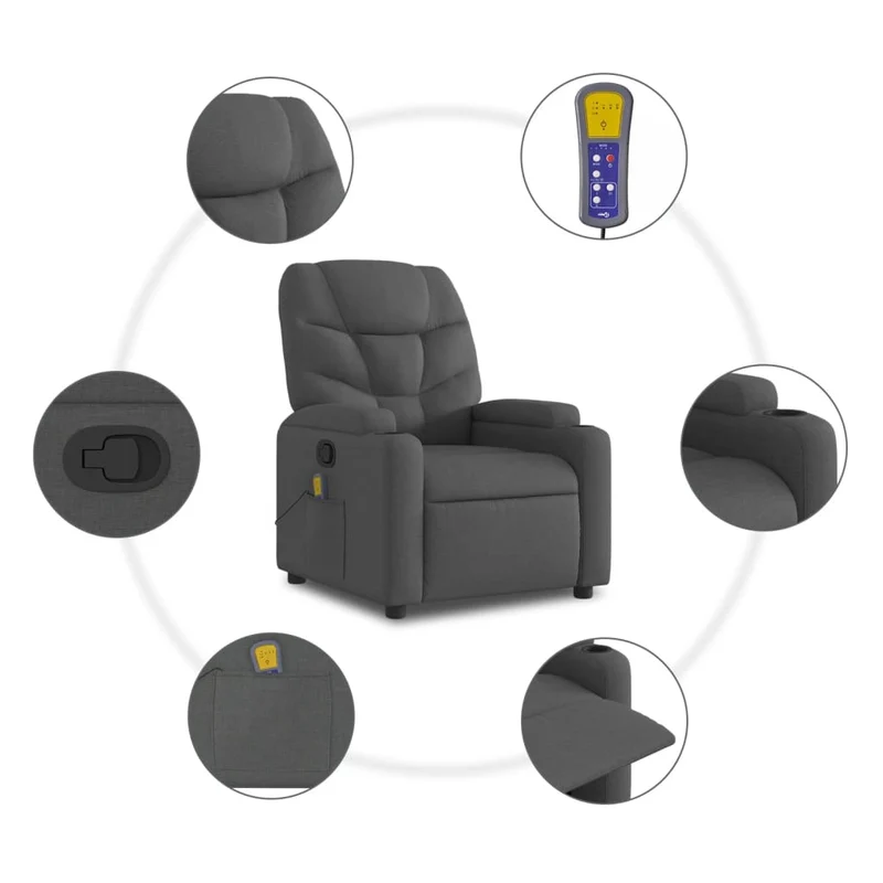 Fauteuil de relaxation TV fonction massage inclinable 6 points de massage en tissu gris foncé DEC026944