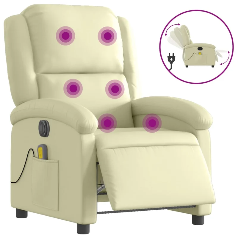 Fauteuil de relaxation TV fonction massage inclinable électrique en cuir véritable crème DEC027143
