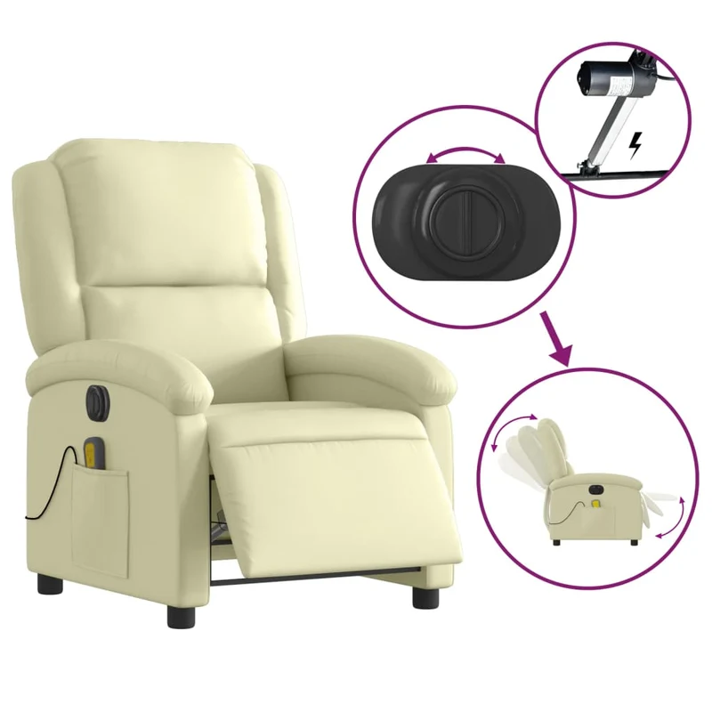 Fauteuil de relaxation TV fonction massage inclinable électrique en cuir véritable crème DEC027143