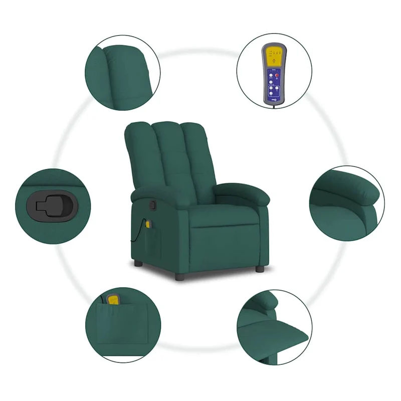 Fauteuil de relaxation TV fonction massage inclinable 6 points de massage en tissu vert foncé DEC027119