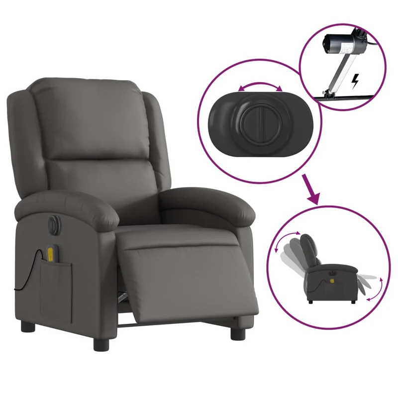 Fauteuil de relaxation TV fonction massage inclinable électrique 6 points de massage en cuir véritable gris DEC027170
