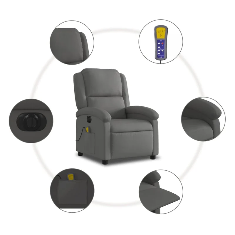Fauteuil de relaxation TV fonction massage inclinable électrique 6 points de massage en cuir véritable gris DEC027170