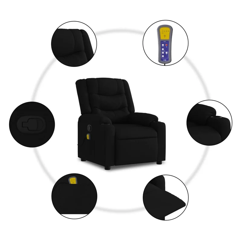 Fauteuil de relaxation TV fonction massage inclinable 6 points de massage en tissu noir DEC027058