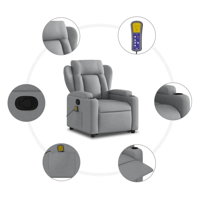 Fauteuil de relaxation TV fonction massage 6 points de massage inclinable en tissu gris clair DEC026918