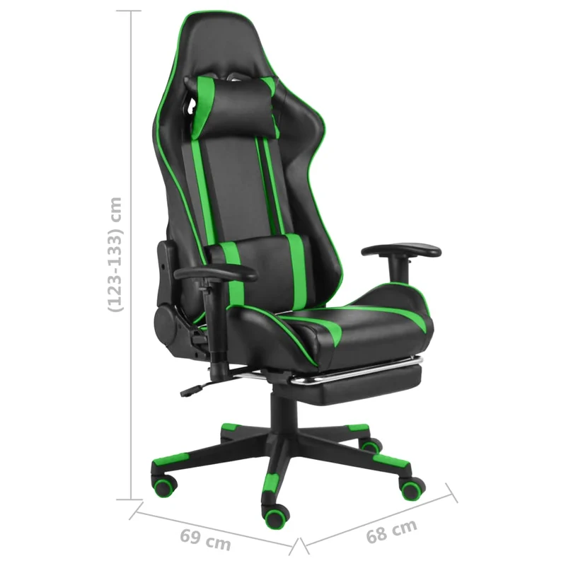 Fauteuil de bureau chaise gaming sur roulettes siège pivotant avec repose-pieds en PVC vert DEC026027