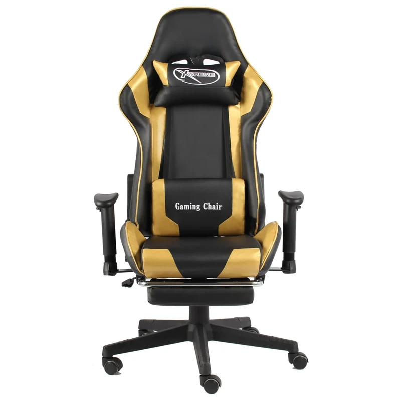 Fauteuil de bureau chaise gaming pivotante avec repose-pieds en PVC doré et noir DEC026024
