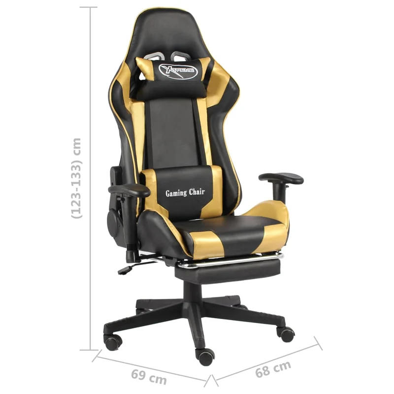 Fauteuil de bureau chaise gaming pivotante avec repose-pieds en PVC doré et noir DEC026024