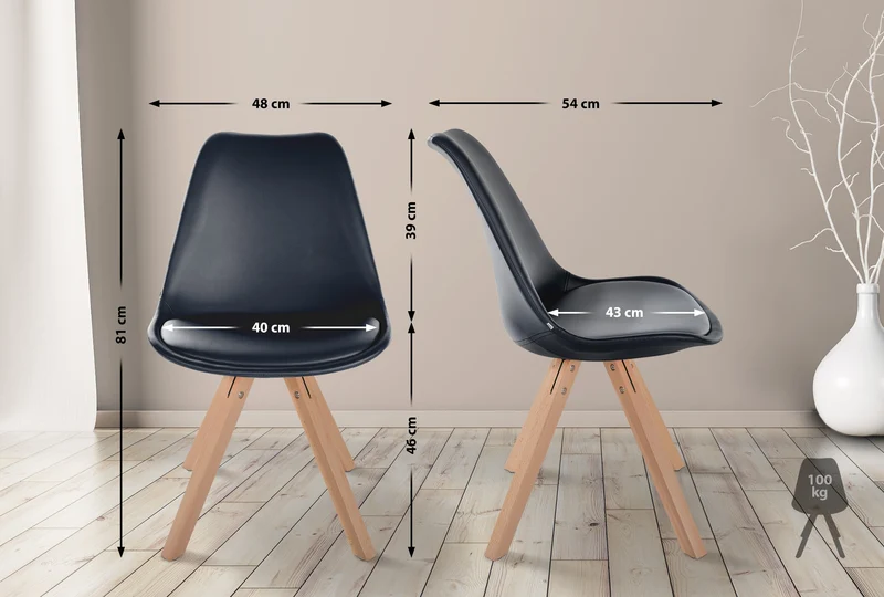 Chaise de salle à manger x1 style scandinave assise en PVC noir et pieds carrés en bois clair 10_0001441