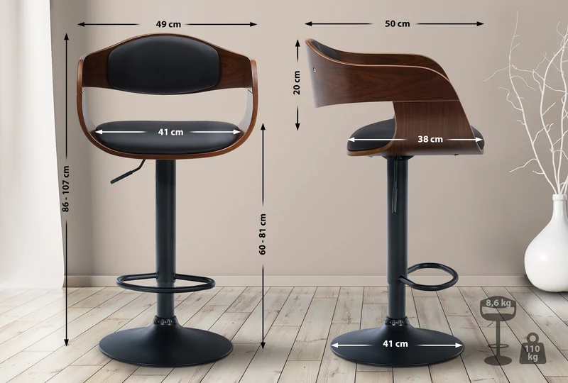 Set de 2 tabourets de bar chaises hautes pieds trompette en métal noir assise en bois marron et similicuir noir TDB10764