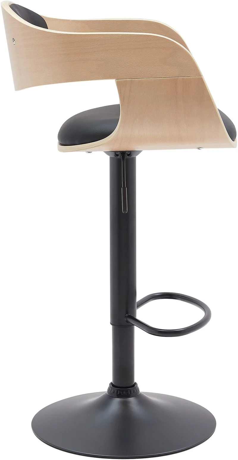 Set de 2 tabourets de bar chaises hautes pieds trompette en métal noir assise en bois clair et similicuir noir TDB10763