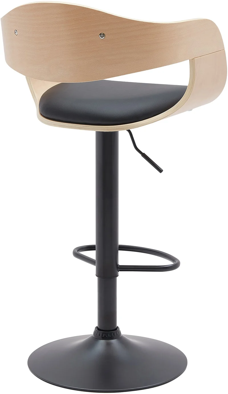 Set de 2 tabourets de bar chaises hautes pieds trompette en métal noir assise en bois clair et similicuir noir TDB10763