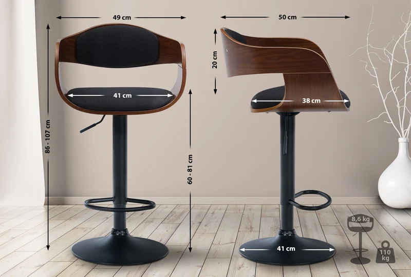Set de 2 tabourets de bar chaises hautes pieds trompette en métal noir assise en bois marron et tissu noir TDB10761