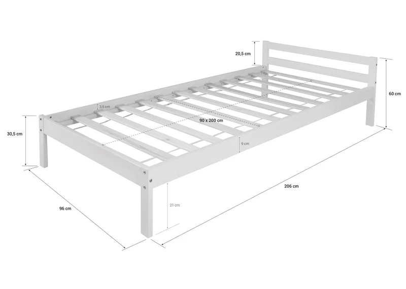 Lit simple 1 personne 90 x 200cm en bois massif avec sommier à lattes LIT06165