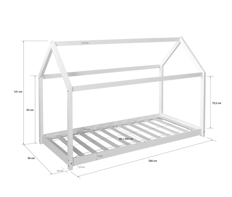 Lit pour enfant en forme de maison en bois blanc avec sommier à lattes LIT06169