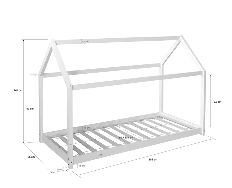 Lit pour enfant en forme de maison en bois gris avec sommier à lattes LIT06170