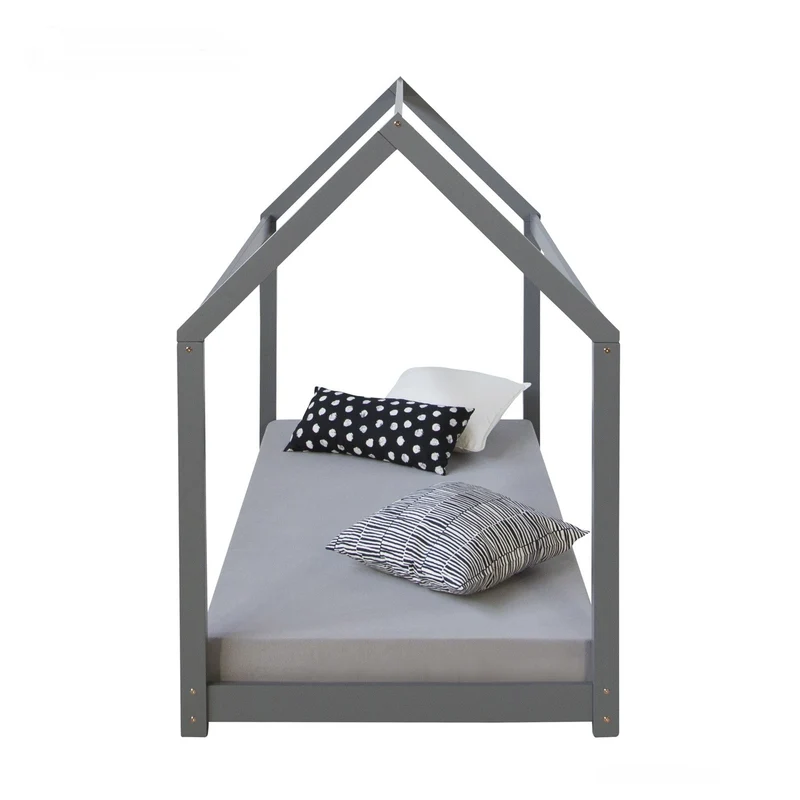 Lit pour enfant en forme de maison en bois gris avec sommier à lattes LIT06170