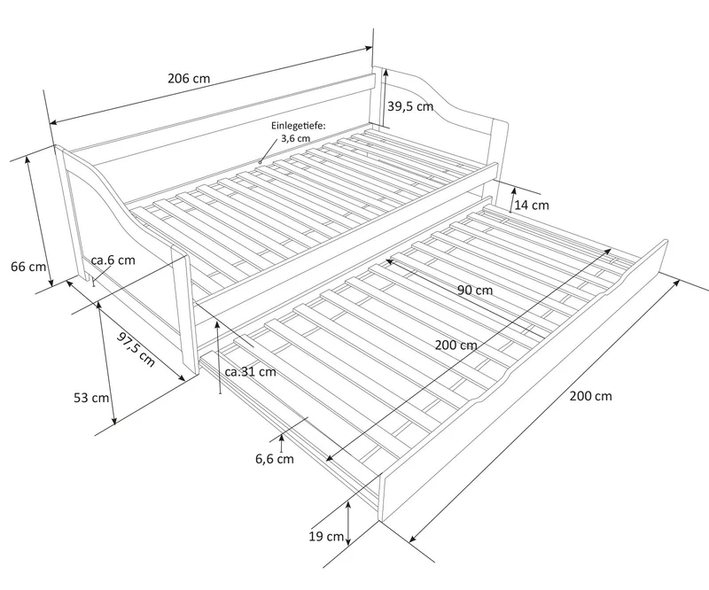Lit gigogne avec sommier à lattes banquette tiroir 90x200cm blanc LIT06074