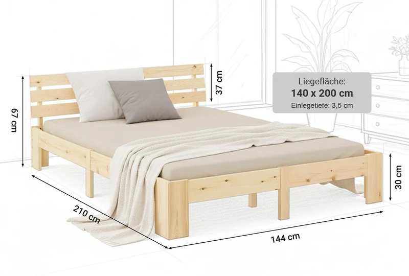 Lit double 2 personnes avec sommier à lattes en bois 140x 200cm LIT06162
