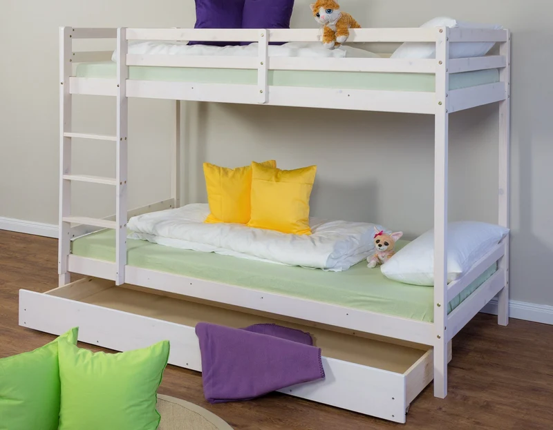 Lit enfant superposé en bois avec sommier à lattes et tiroir 90x200 cm blanc LIT06099