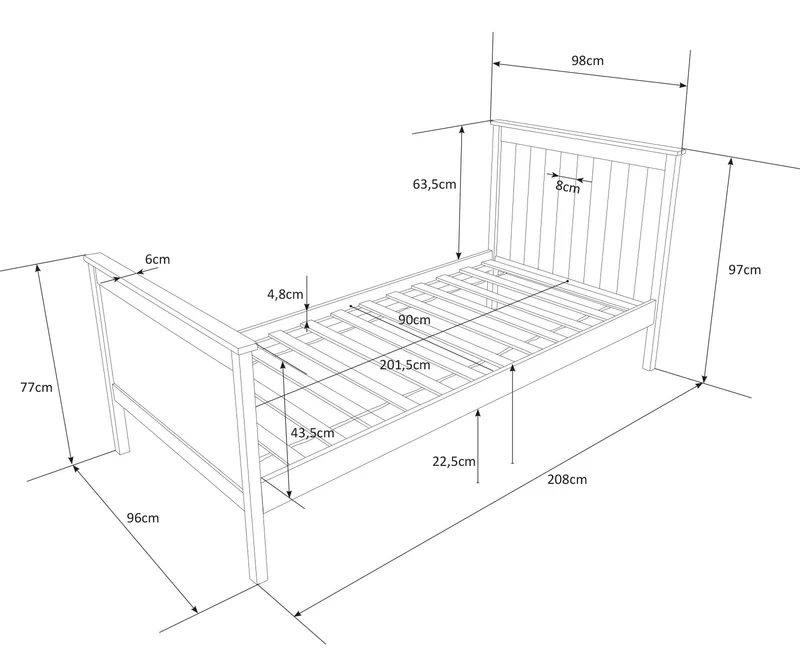 Lit 1 personne simple avec sommier à lattes 90x200cm en bois blanc LIT06076