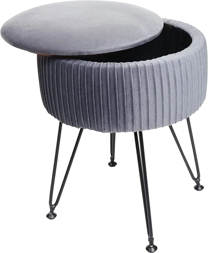 Tabouret avec compartiment de rangement Ø 33cm aspect velours gris clair cadre noir TABO04013