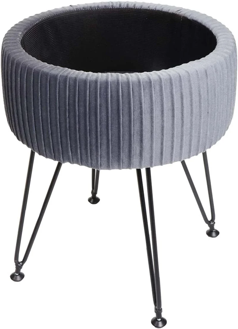 Tabouret avec compartiment de rangement Ø 33cm aspect velours gris clair cadre noir TABO04013