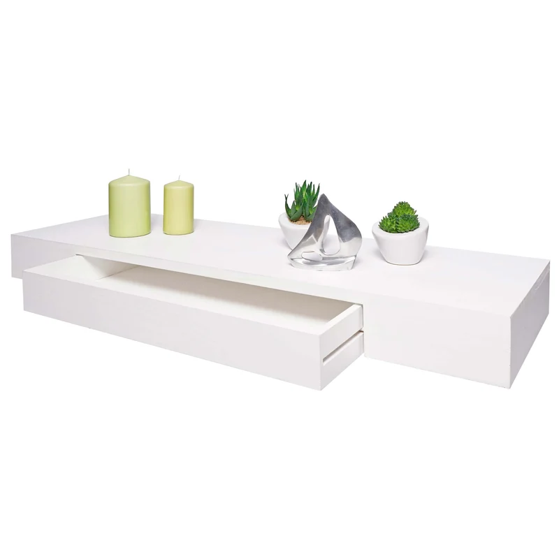 Tablette murale étagère avec tiroir en bois massif 8x80x25cm blanc 04_0005181