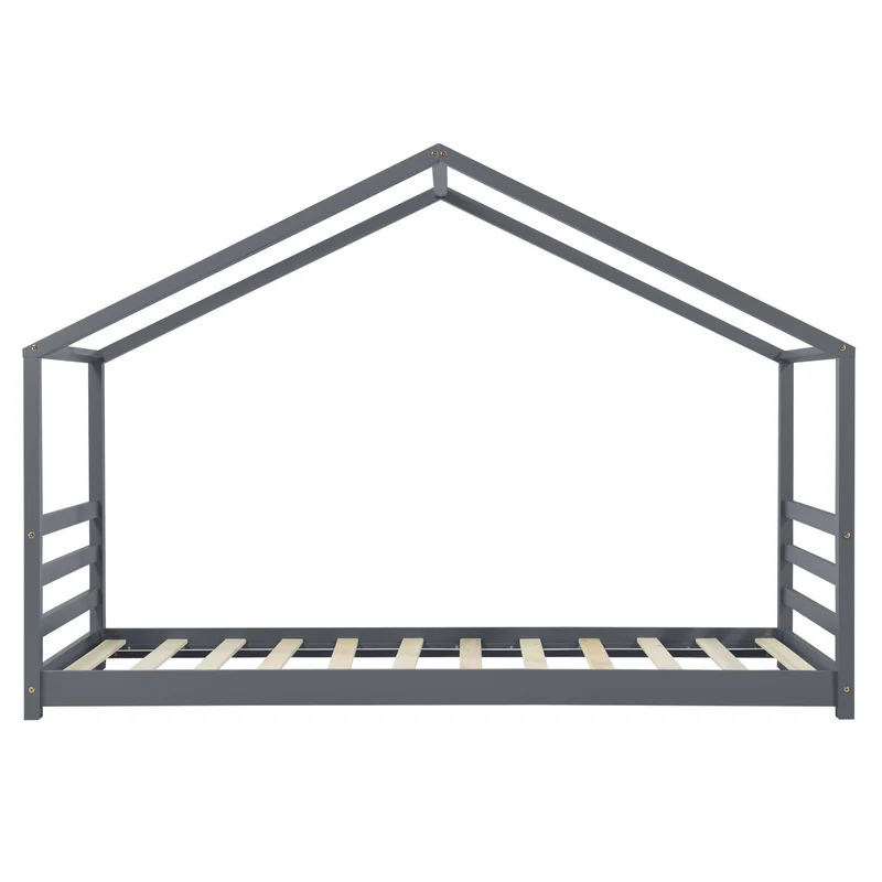 Lit pour enfant cabane maison avec matelas et sommier à lattes en bois de pin gris 90 x 200 cm 03_0005490