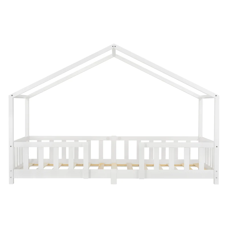 Lit d'enfant design en forme maison avec barrière et matelas en mousse bois de pin contreplaqué 90x200 cm blanc mat laqué 03_0005455