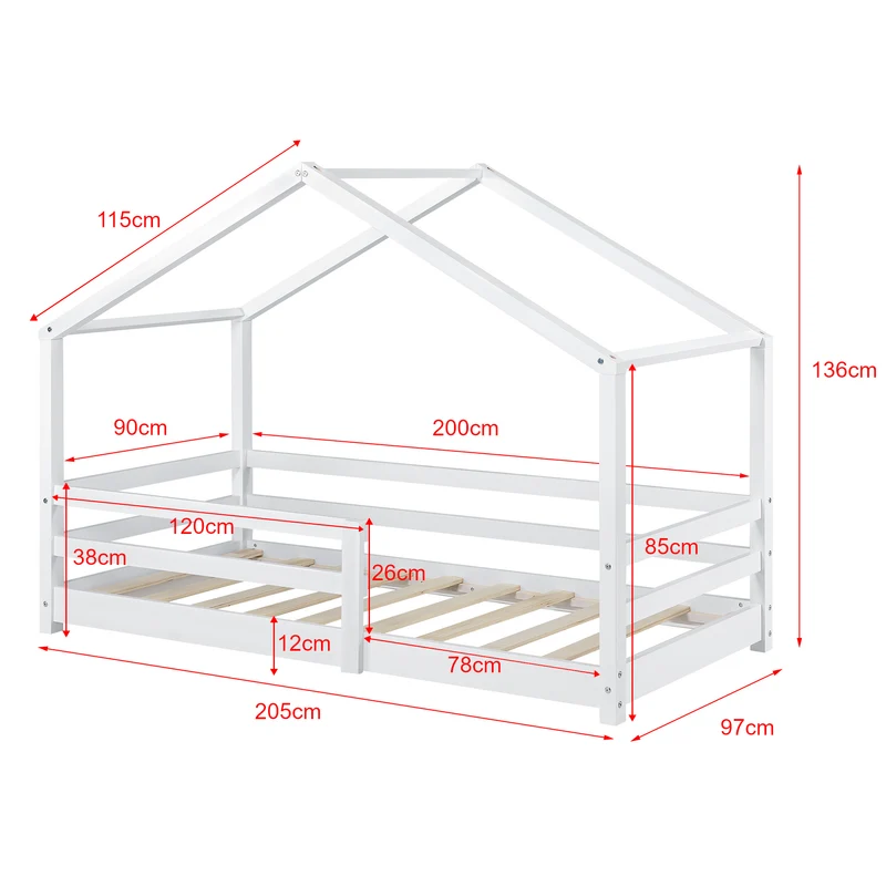 Lit pour enfant cabane maison avec matelas sommier et barrière en bois de pin blanc 90 x 200 cm 03_0005467