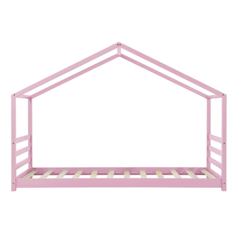 Lit pour enfant cabane maison avec sommier à lattes bois de pin rose 90 x 200 cm 03_0005508