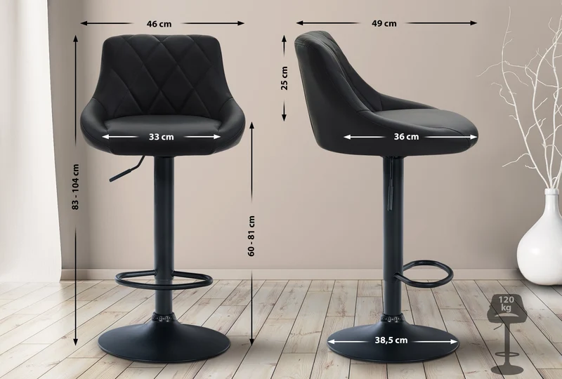 Tabouret de bar en synthétique noir pivotant avec repose-pieds métal noir coutures décoratives TDB10587