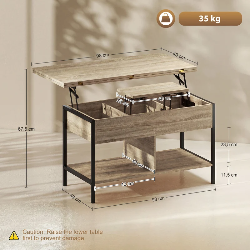 Table basse relevable extensible 98 x 49 x 55 cm rangement caché plateaux doubles gain de place design en bois naturel 21_0003595