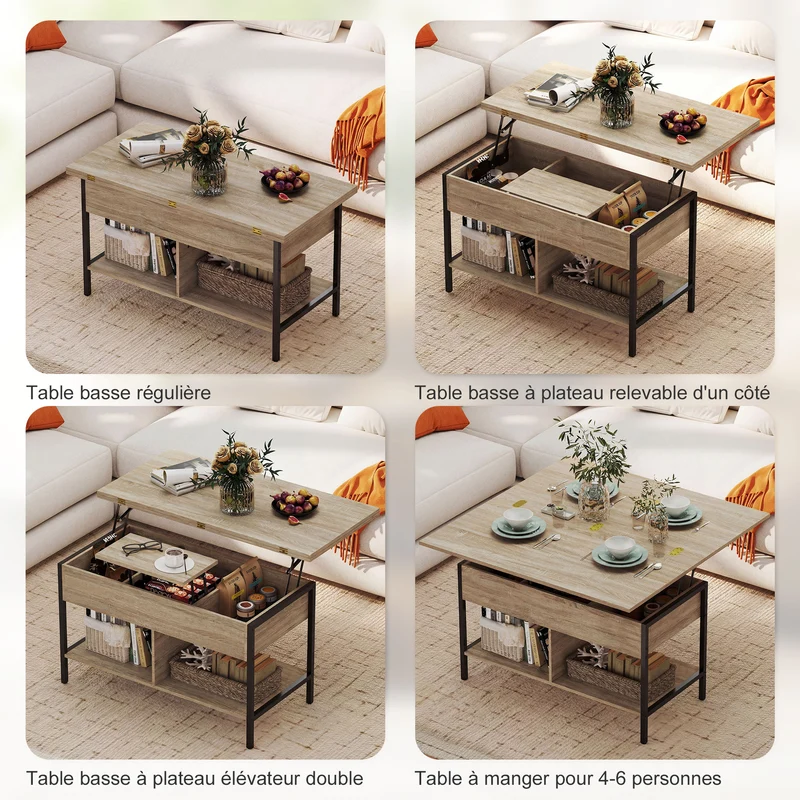 Table basse relevable extensible 98 x 49 x 55 cm rangement caché plateaux doubles gain de place design en bois naturel 21_0003595