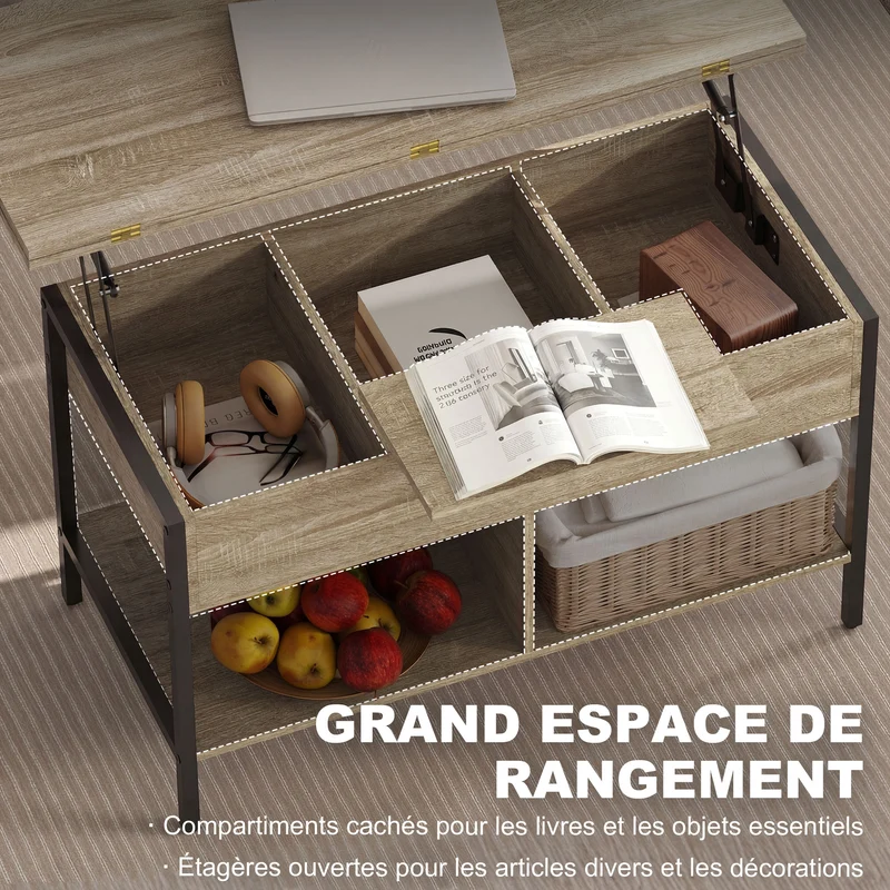 Table basse relevable extensible 98 x 49 x 55 cm rangement caché plateaux doubles gain de place design en bois naturel 21_0003595