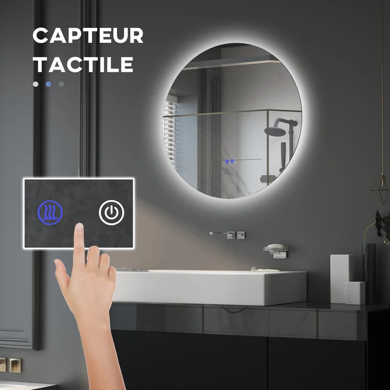 Miroir rond mural salle de bain 80 x 3,5 cm éclairage réglable antibuée tactile sécurisé moderne épuré en verre argent 21_0001976