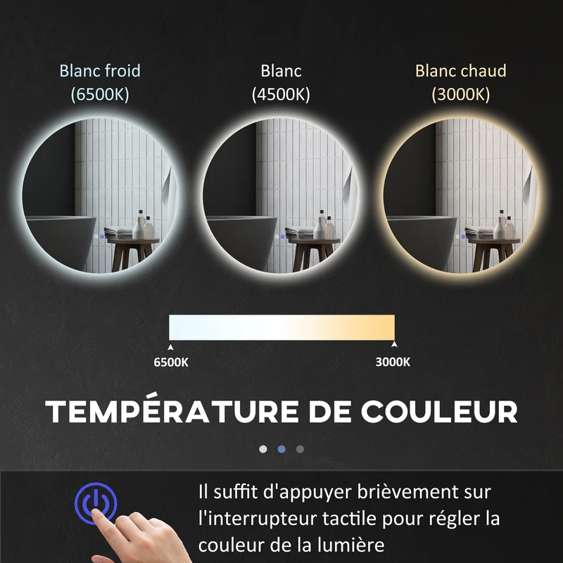 Miroir rond mural salle de bain 80 x 3,5 cm éclairage réglable antibuée tactile sécurisé moderne épuré en verre argent 21_0001976