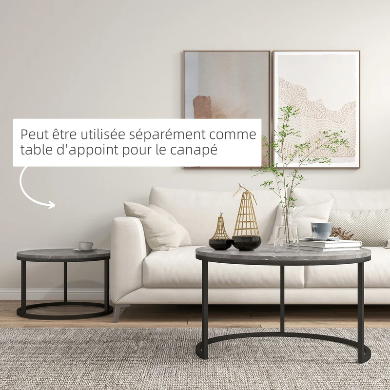 Lot de 2 tables basses gigognes encastrables salon 78,5 x 78,5 x 46,5 cm gain de place design industriel en MDF gris 21_0001811